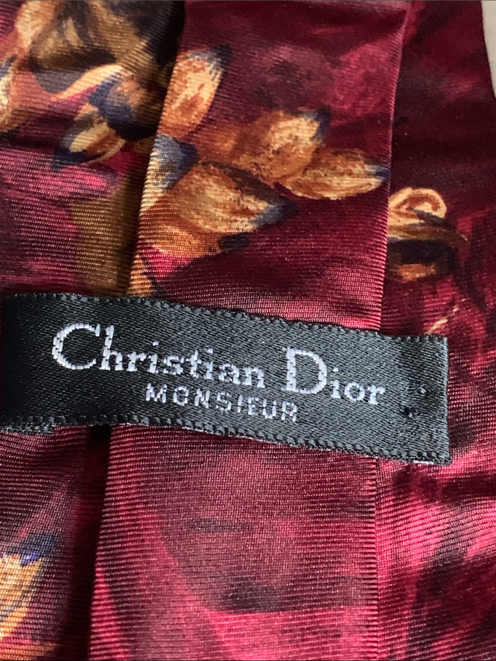 Dior Men's Silk Tie Set - Burgundy Floral and Navy Medallion - Picture 3 of 6